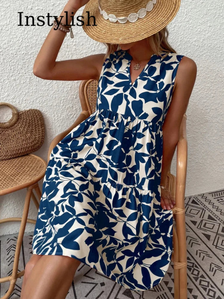 Women Boho Print Elegant V Neck Ruffle A Line Tank Dress Beach Party Sundress