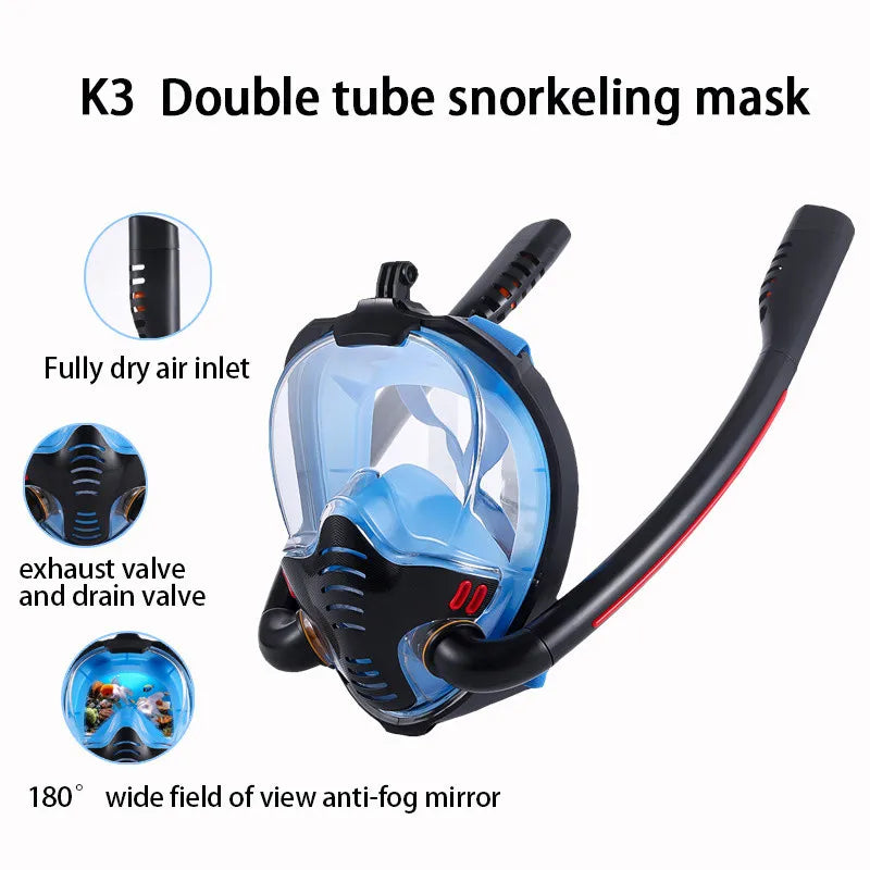 high Quality Snorkeling Mask Double Tube Silicone Full Dry Diving Mask for Adult