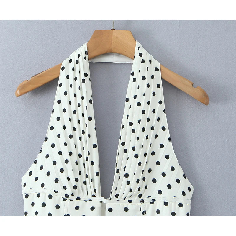 French Style Retro Polka Dot Deep V Halter Dress for Women