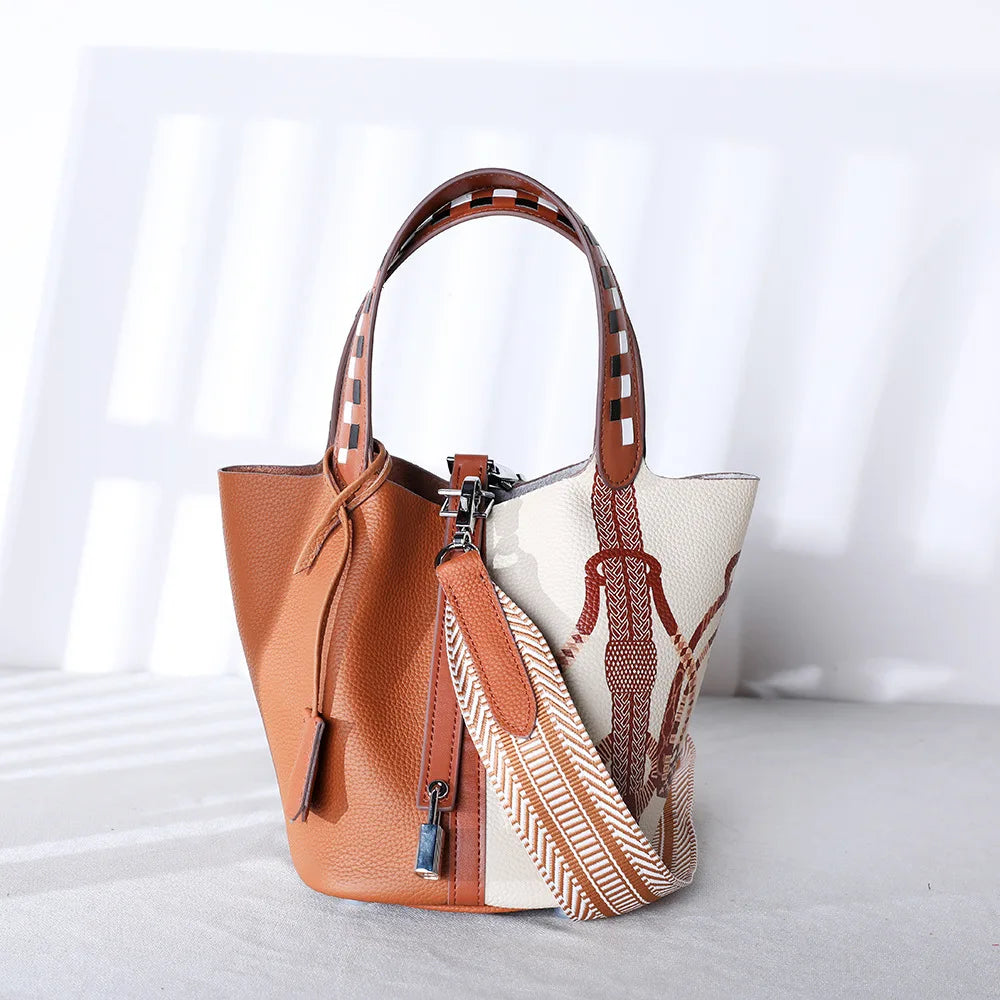 High Quality Bags for Women Painting Handbag Genuine Leather Bucket Bag
