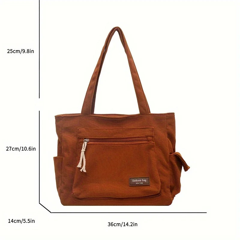 Simple Corduroy Tote Bag, Multi Pockets Handbag For Women