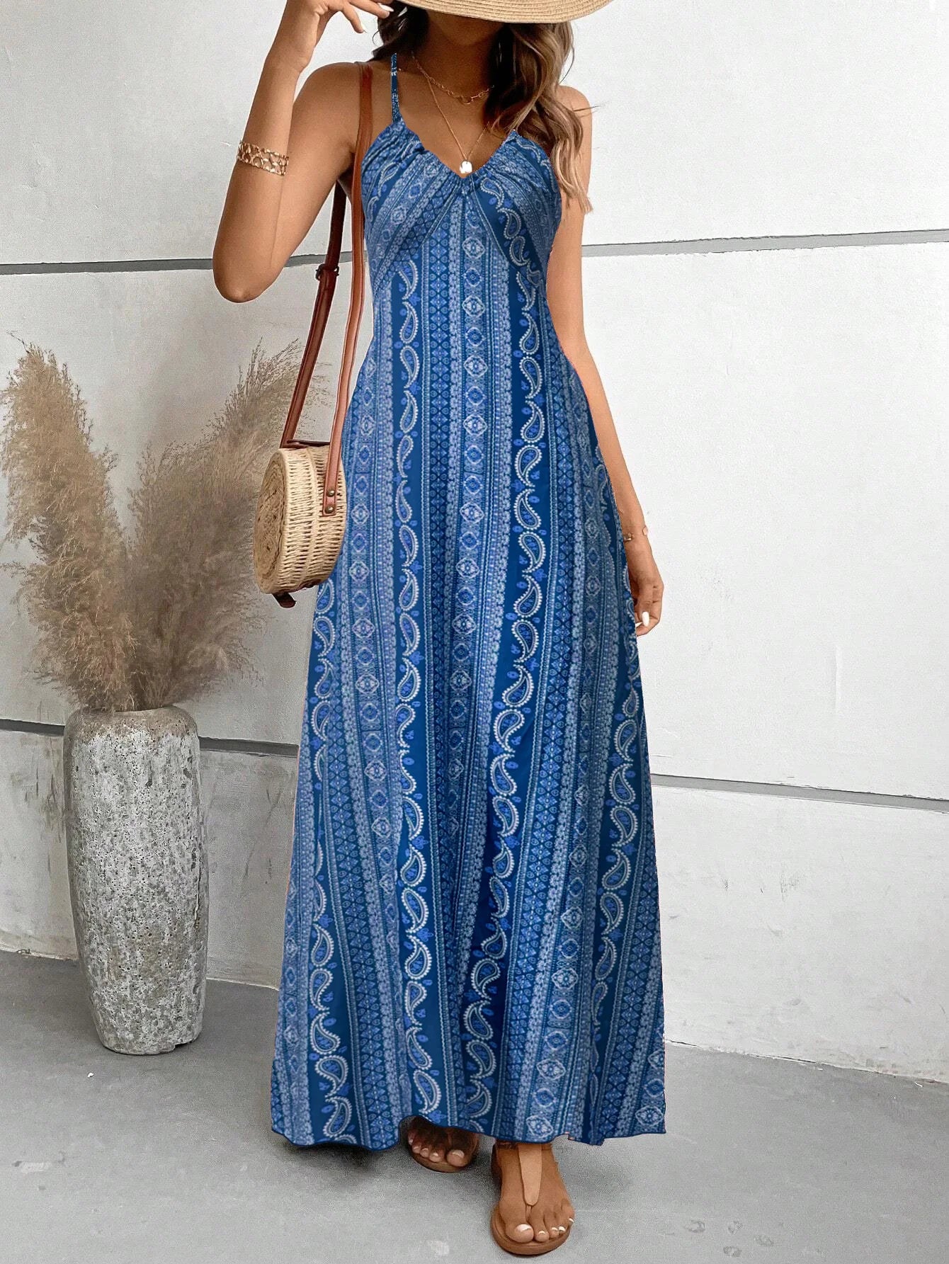 Women's Summer Ethnic Pattern Backless Split Thigh Dress for Ladies