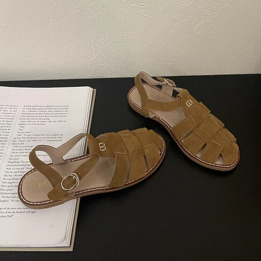 2026 Summer New Flat Retro Real Leather Ladies Sandals