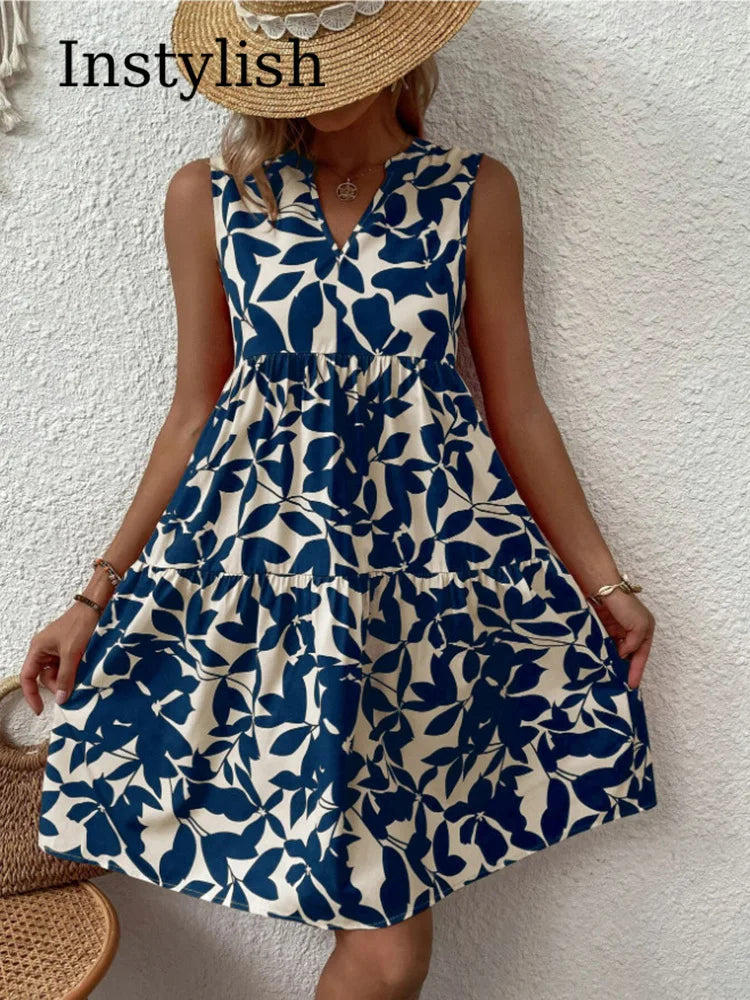 Women Boho Print Elegant V Neck Ruffle A Line Tank Dress Beach Party Sundress