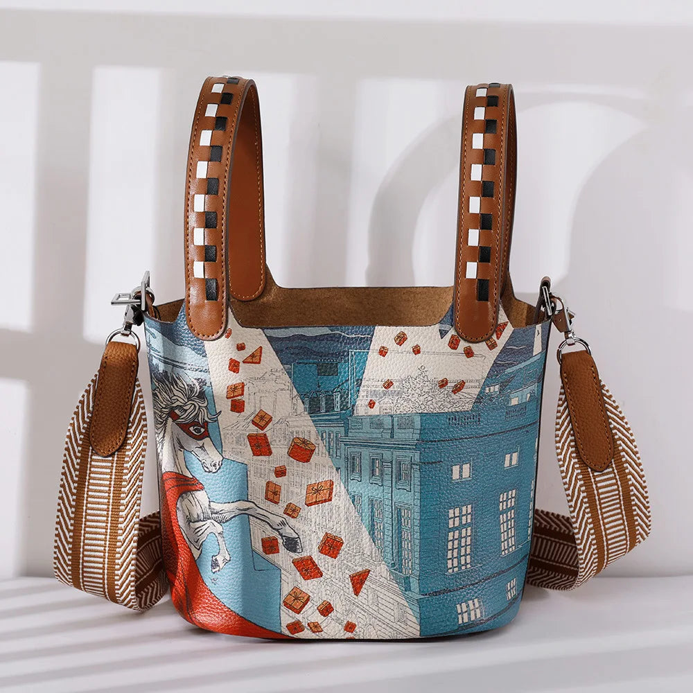 High Quality Bags for Women Painting Handbag Genuine Leather Bucket Bag