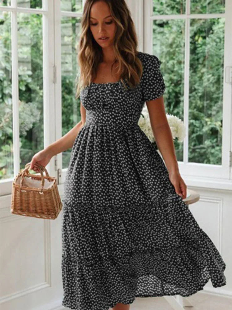 Vestidos Vintage Vintage Print Puff Sleeve summer Beach Dress