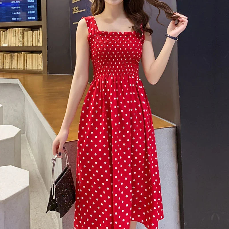 Robe femme Summer Polka Dot Womens Dresses Elegant Square Neck Sleeveless