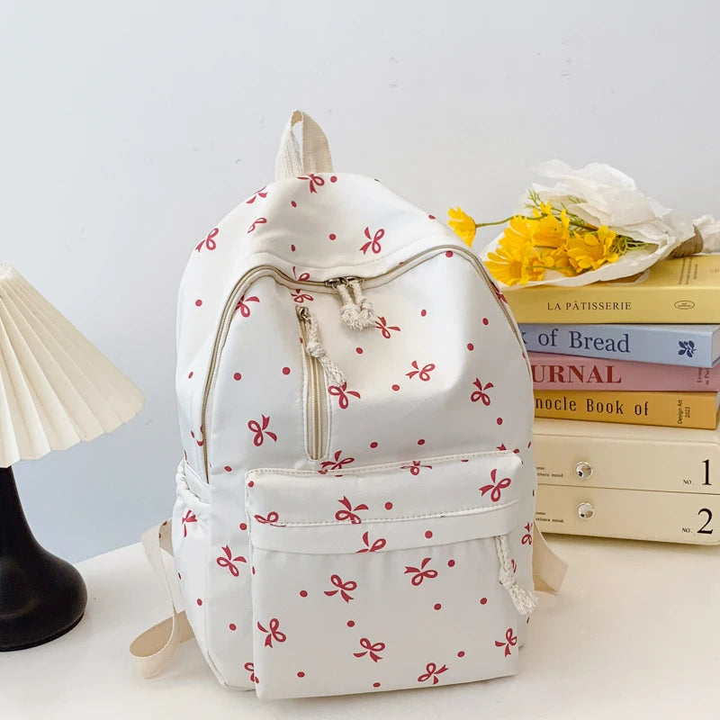 Playful Bow Print Backpack Quilted Multi-Pocket Adjustable Straps