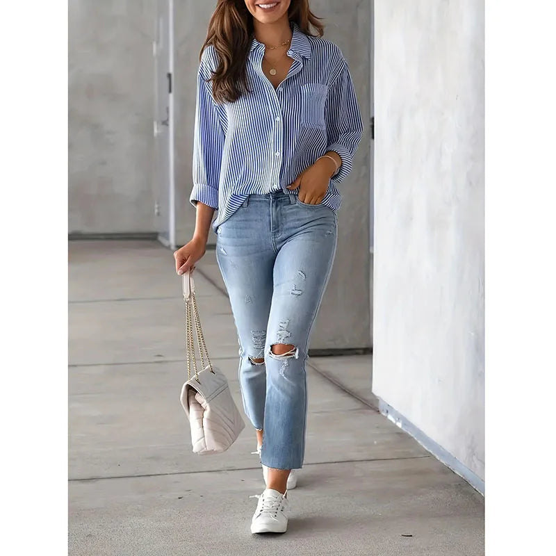 Classic Blue Striped Shirt Women 2026 Spring Streetwear