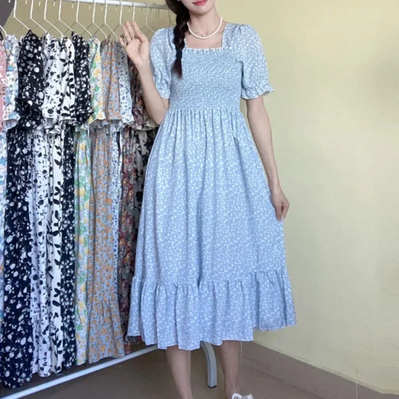 Spring Summer Elastic Waist Chiffon Dress for Women