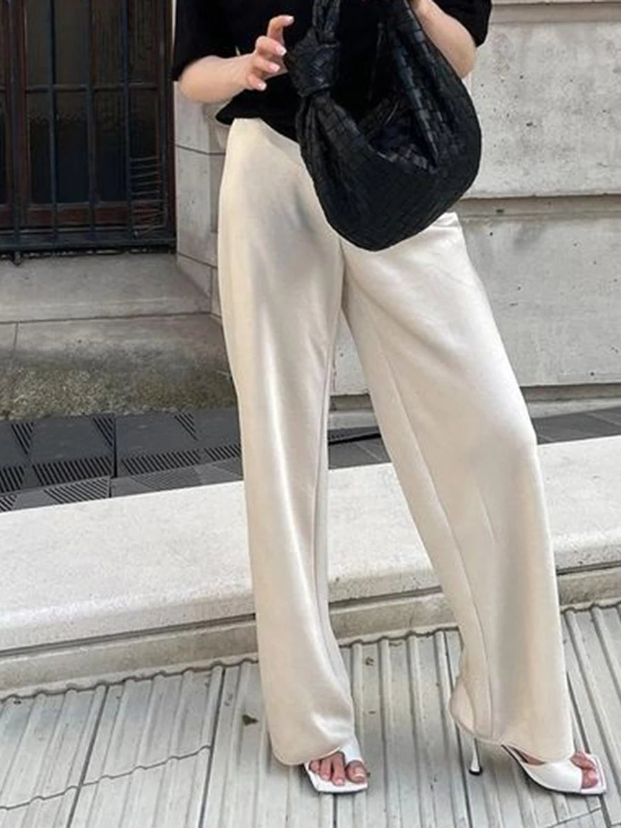 Chic Satin Wide Leg Dress Pants Women's Stylish Trousers