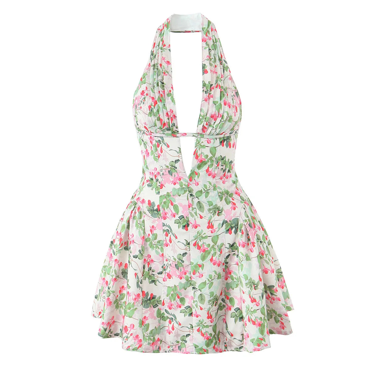 French Style Retro Polka Dot Deep V Halter Dress for Women