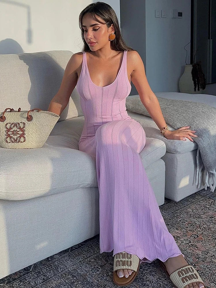 Knit Backless Dress For Women V Neck Slim Sleeveless