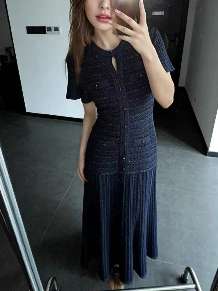 High Quality Dark Blue Temperament Knit Long Dress for Women