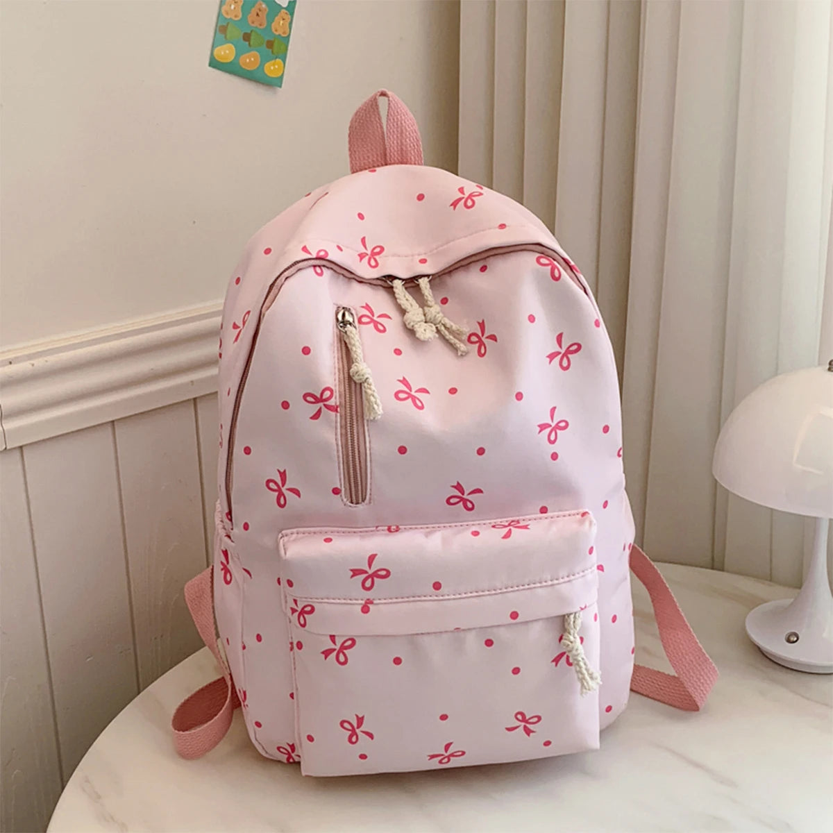 Playful Bow Print Backpack Quilted Multi-Pocket Adjustable Straps