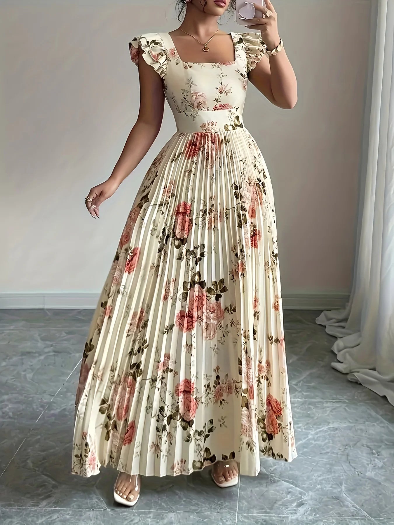 Elegant Beige Floral Pleated Midi Dress with Ruffle Square Neck