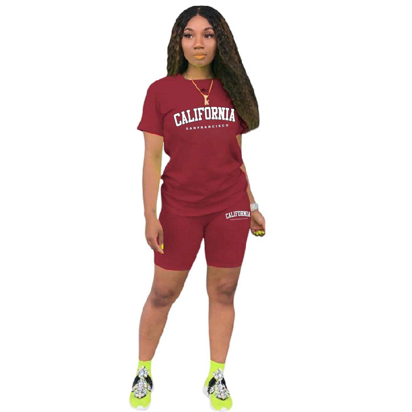 Womens Summer Tracksuit Print T-Shirt & Jogging Short Sleeve Suit