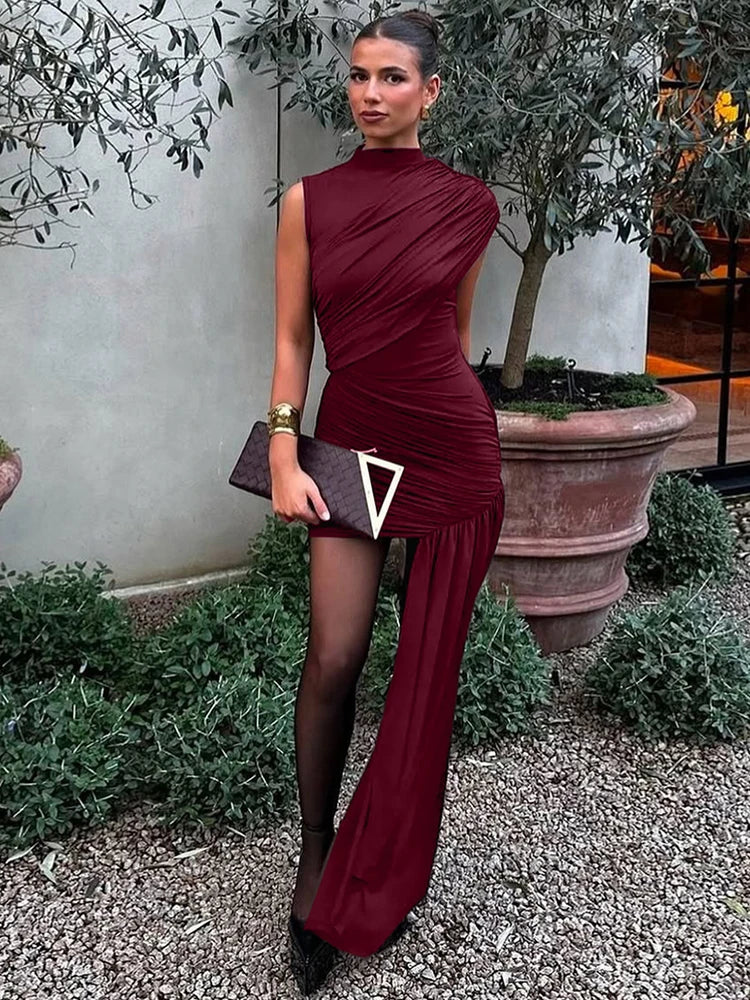 Mozision Irregular Draped Ruched Sexy Mini Dress For Women Elegant Turtleneck Sleeveless
