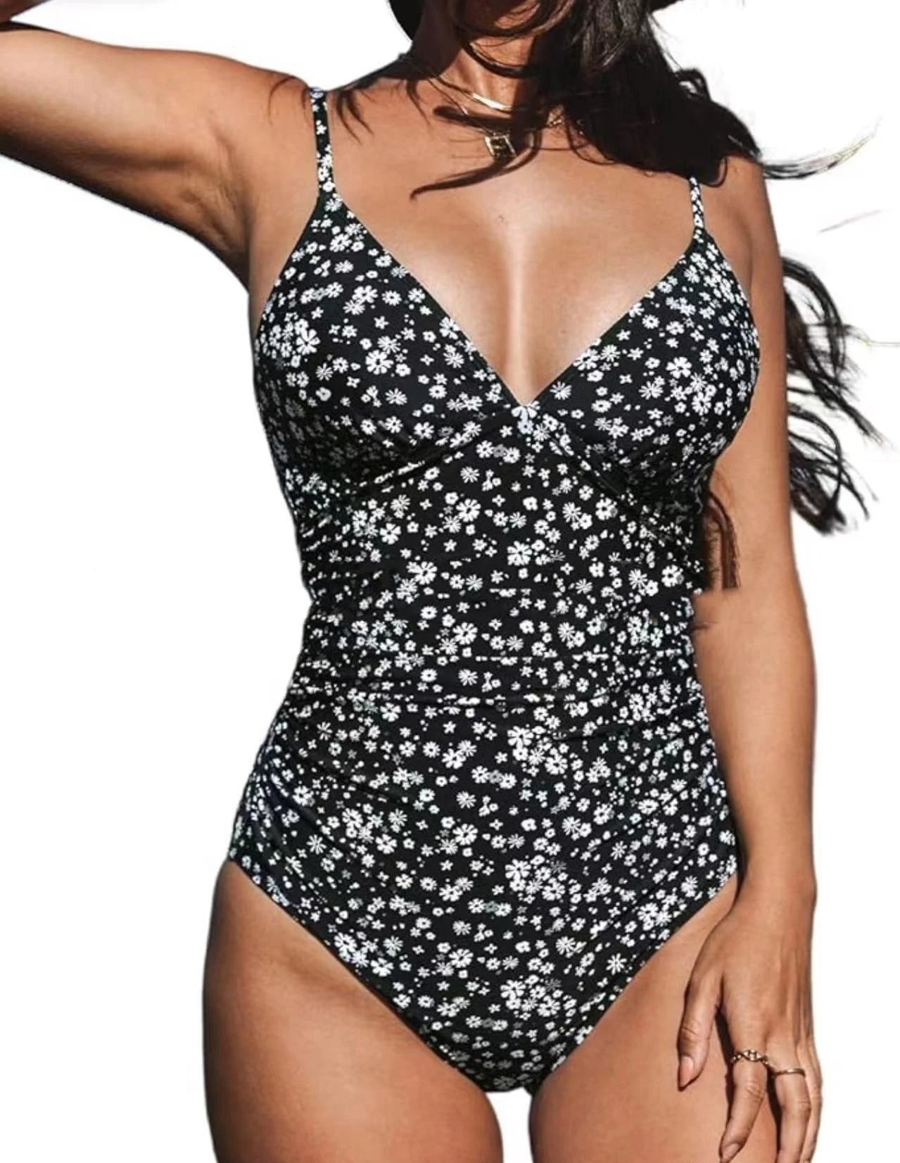2026 New Women Sexy Pleated V Neck One Piece Swimsuits