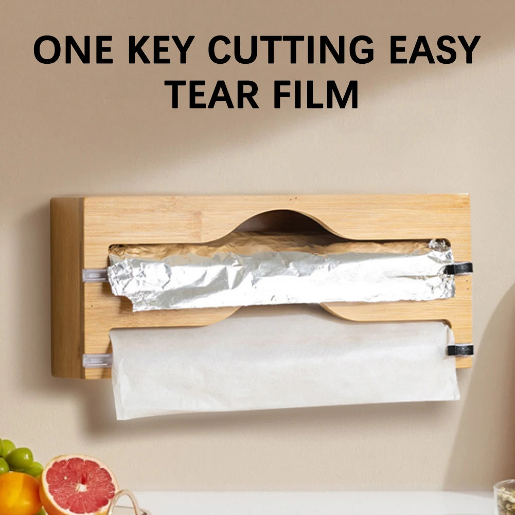 Wall Mounted Bamboo-Cling Wrap, Foil and paper Dispenser With Cutter