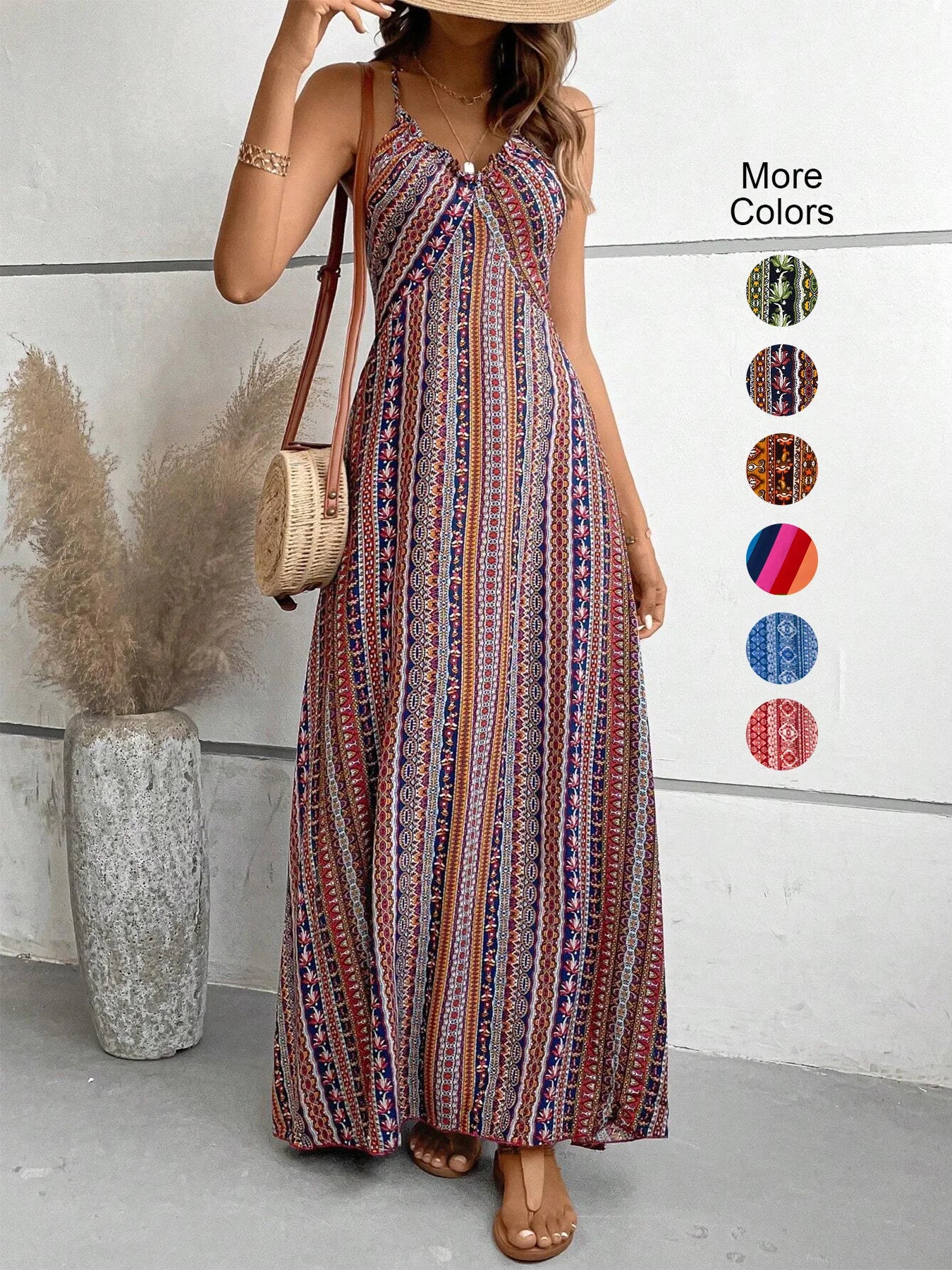 Women's Summer Ethnic Pattern Backless Split Thigh Dress for Ladies