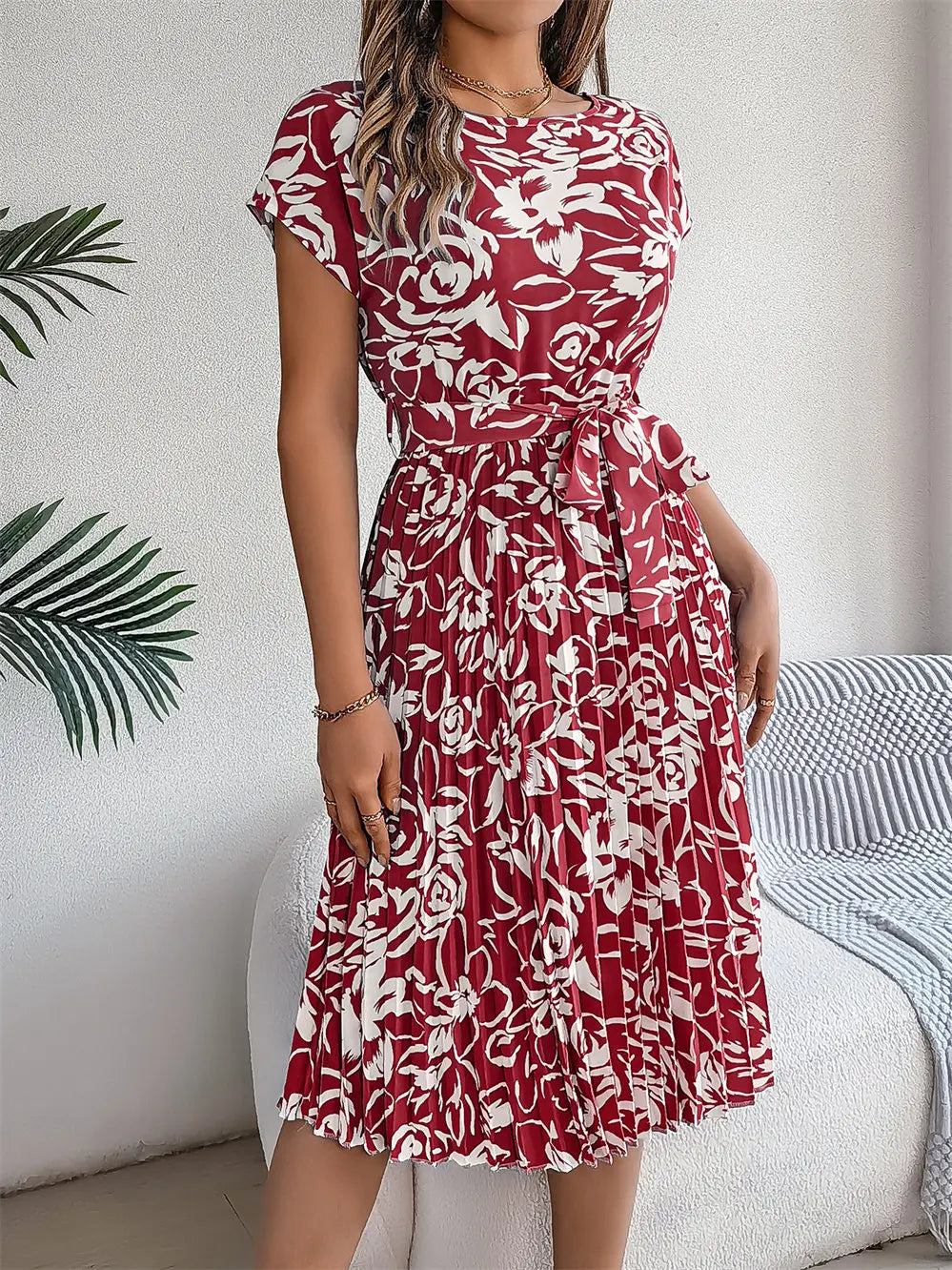 Elegant Floral Dress Women Round Neck Medium Long Spring Summer Causal