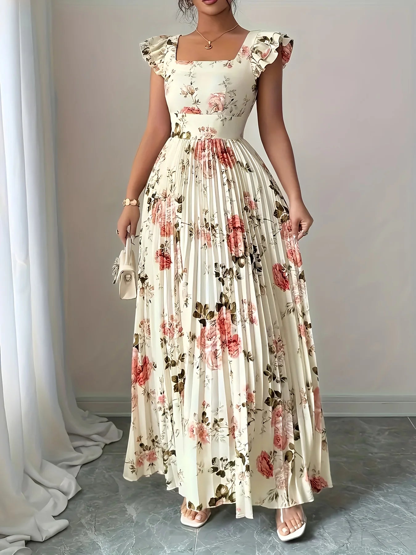 Elegant Beige Floral Pleated Midi Dress with Ruffle Square Neck