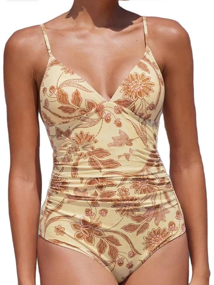2026 New Women Sexy Pleated V Neck One Piece Swimsuits