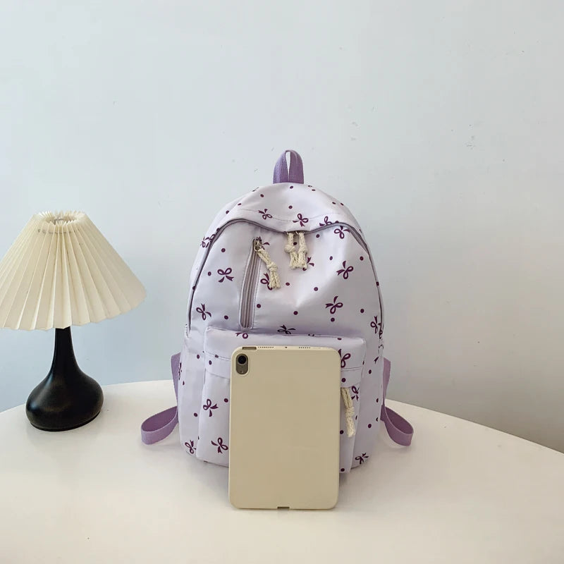 Playful Bow Print Backpack Quilted Multi-Pocket Adjustable Straps