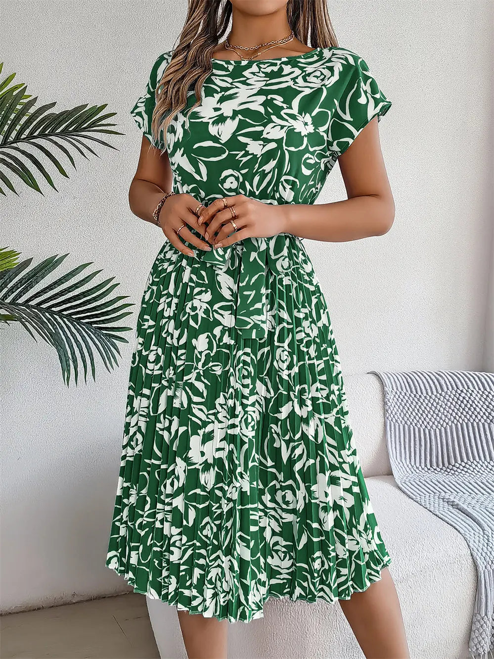 Elegant Floral Dress Women Round Neck Medium Long Spring Summer Causal