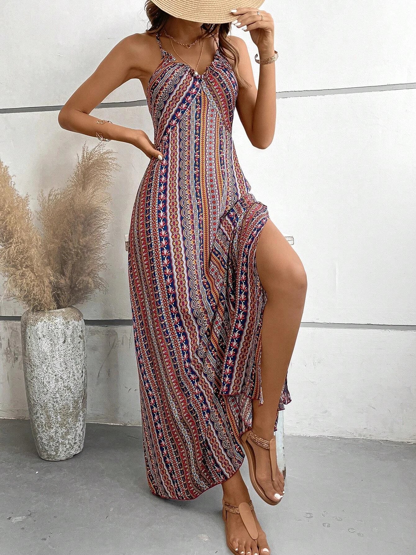 Women's Summer Ethnic Pattern Backless Split Thigh Dress for Ladies