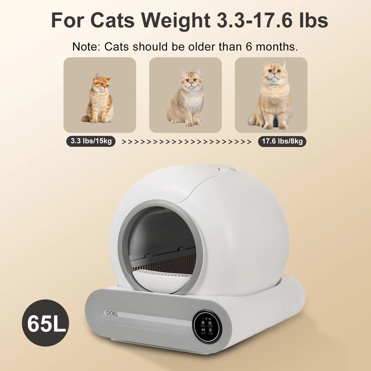 Self Cleaning Cat Litter Box 65L Automatic Cat Litter Box w/ Trash Bag & Litter Mat Smart Cat Toilet App Control 2.4G WiFi