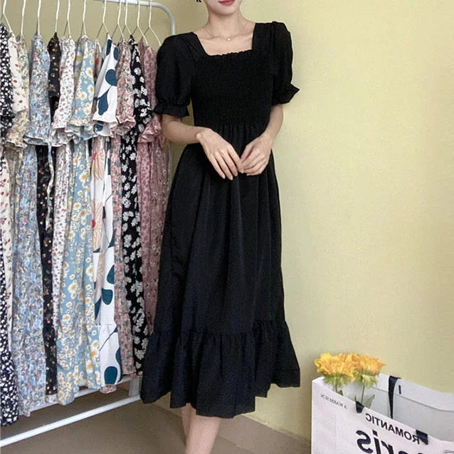 Spring Summer Elastic Waist Chiffon Dress for Women