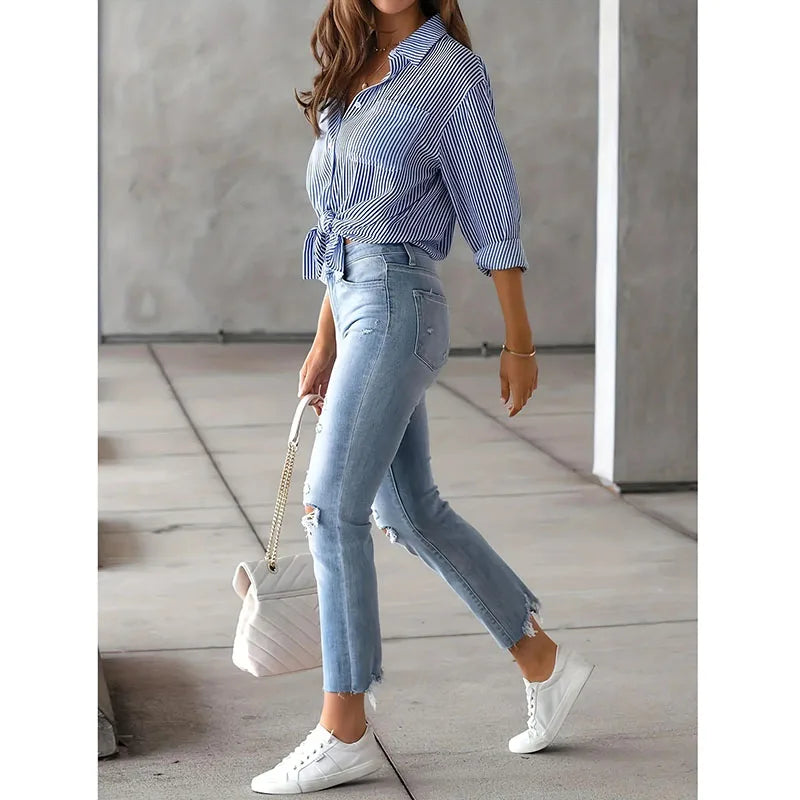 Classic Blue Striped Shirt Women 2026 Spring Streetwear