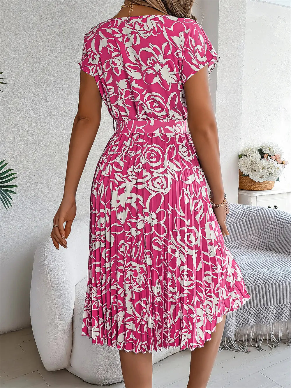 Elegant Floral Dress Women Round Neck Medium Long Spring Summer Causal