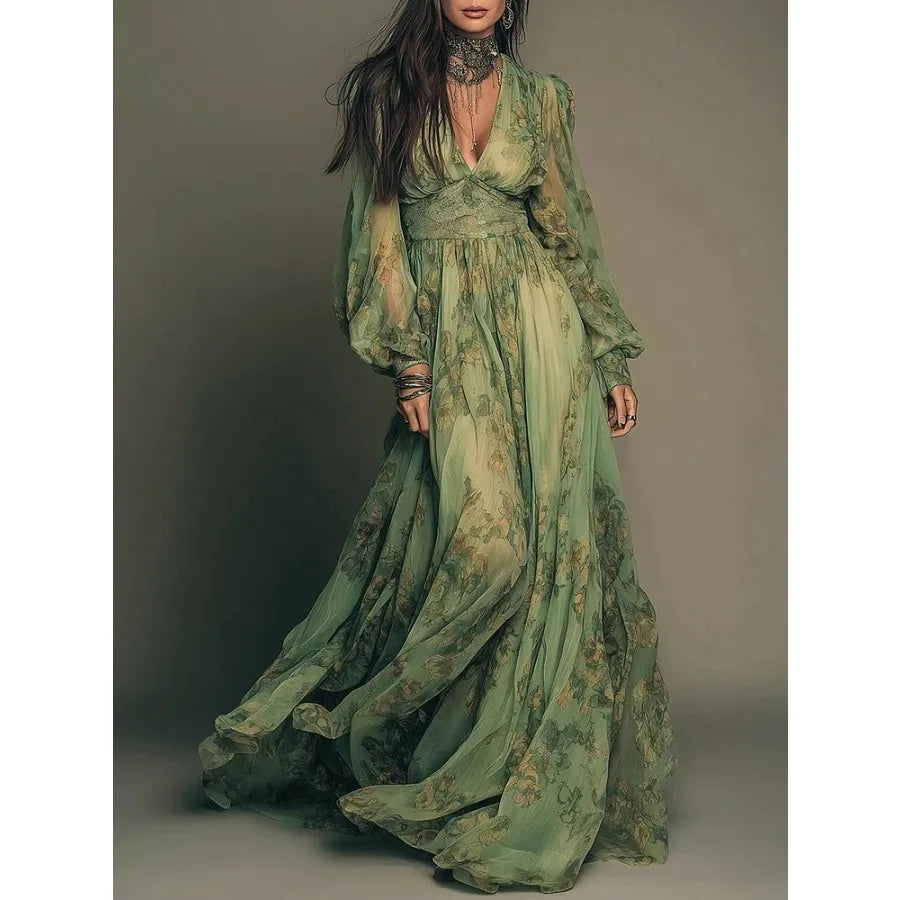 2026 hot sales pastoral style bohemian print long-sleeved dress