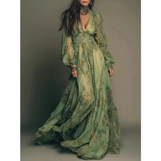 2026 hot sales pastoral style bohemian print long-sleeved dress