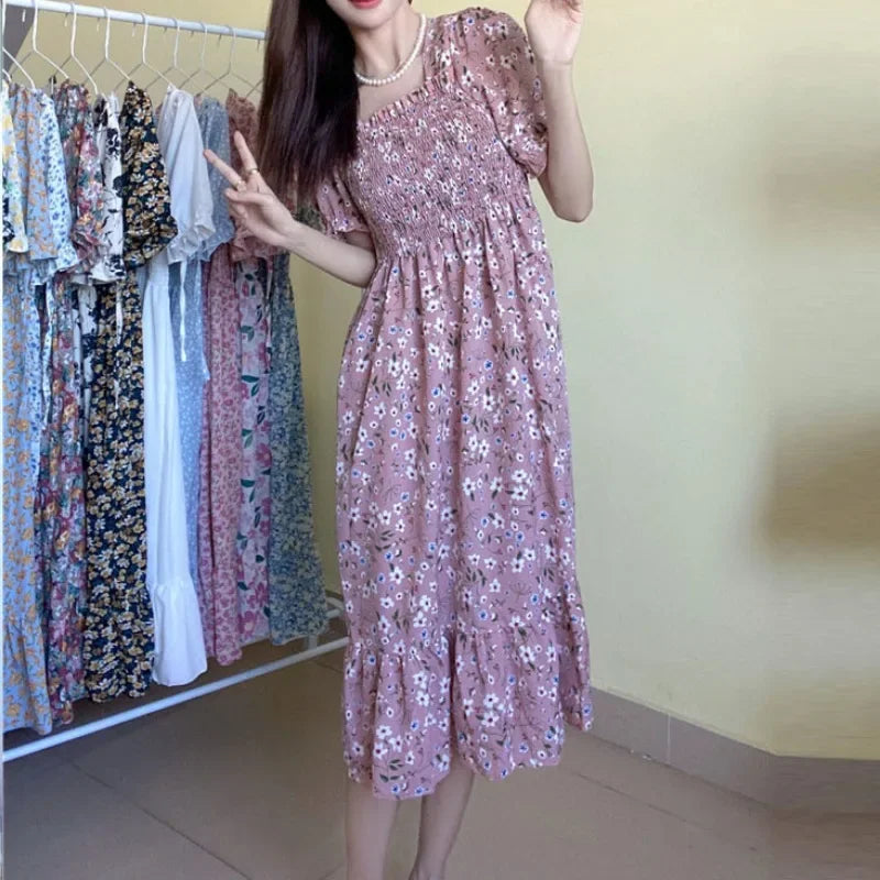 Spring Summer Elastic Waist Chiffon Dress for Women