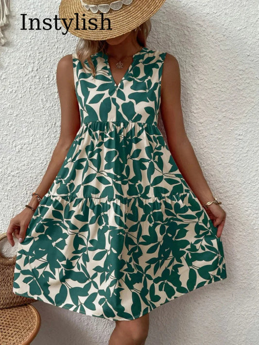 Women Boho Print Elegant V Neck Ruffle A Line Tank Dress Beach Party Sundress