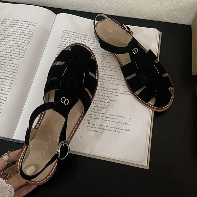 2026 Summer New Flat Retro Real Leather Ladies Sandals