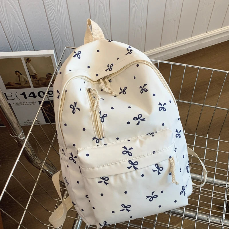 Playful Bow Print Backpack Quilted Multi-Pocket Adjustable Straps