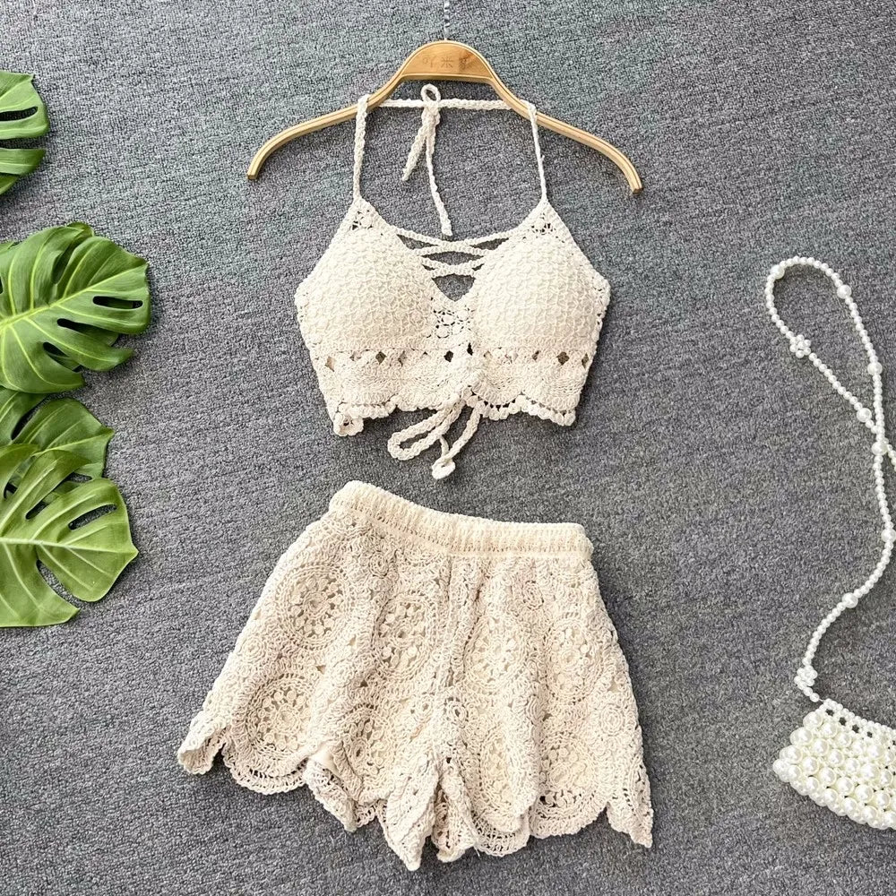 Knit Two Piece Sets Women Summer Vacation Backless