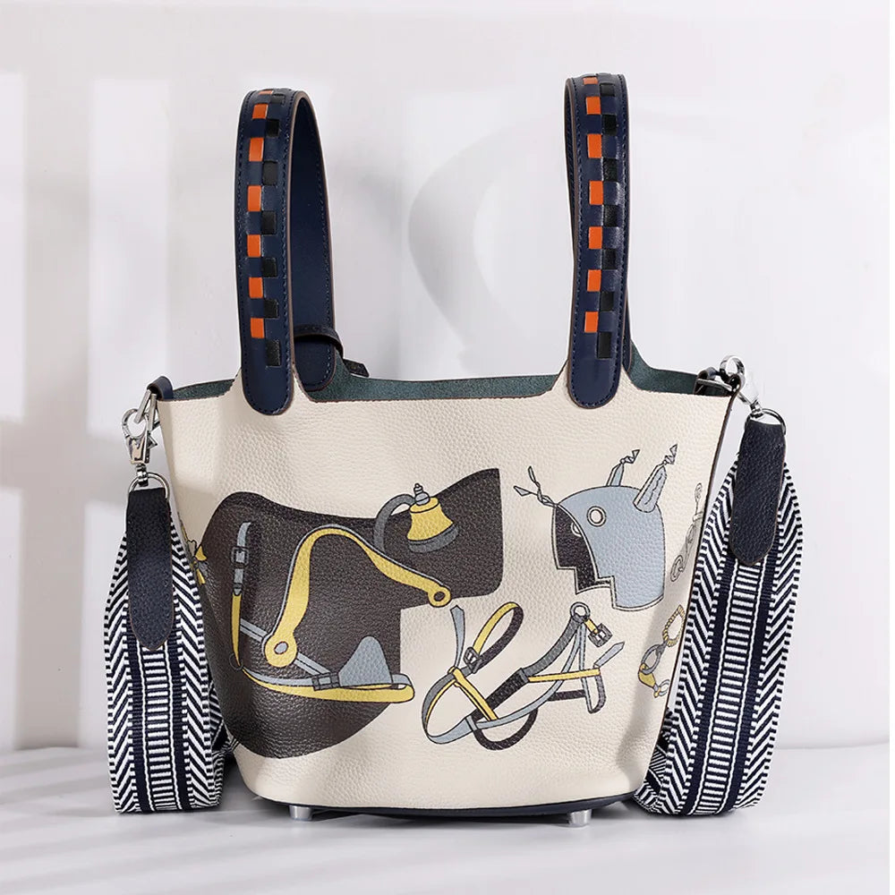 High Quality Bags for Women Painting Handbag Genuine Leather Bucket Bag