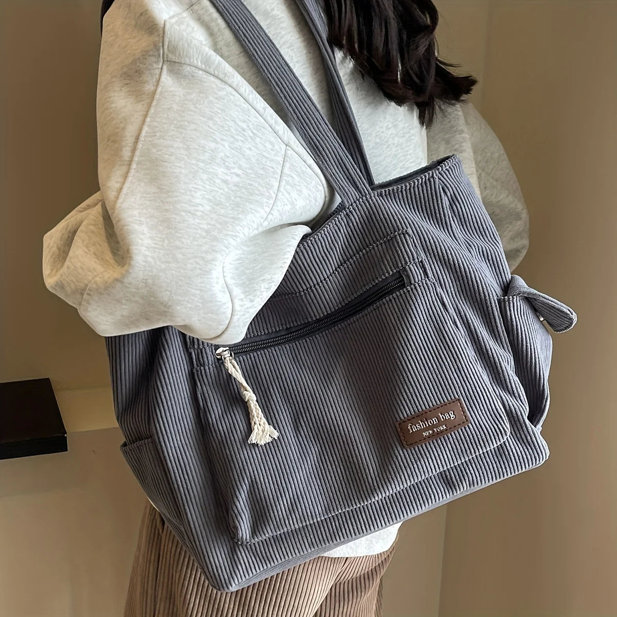 Simple Corduroy Tote Bag, Multi Pockets Handbag For Women