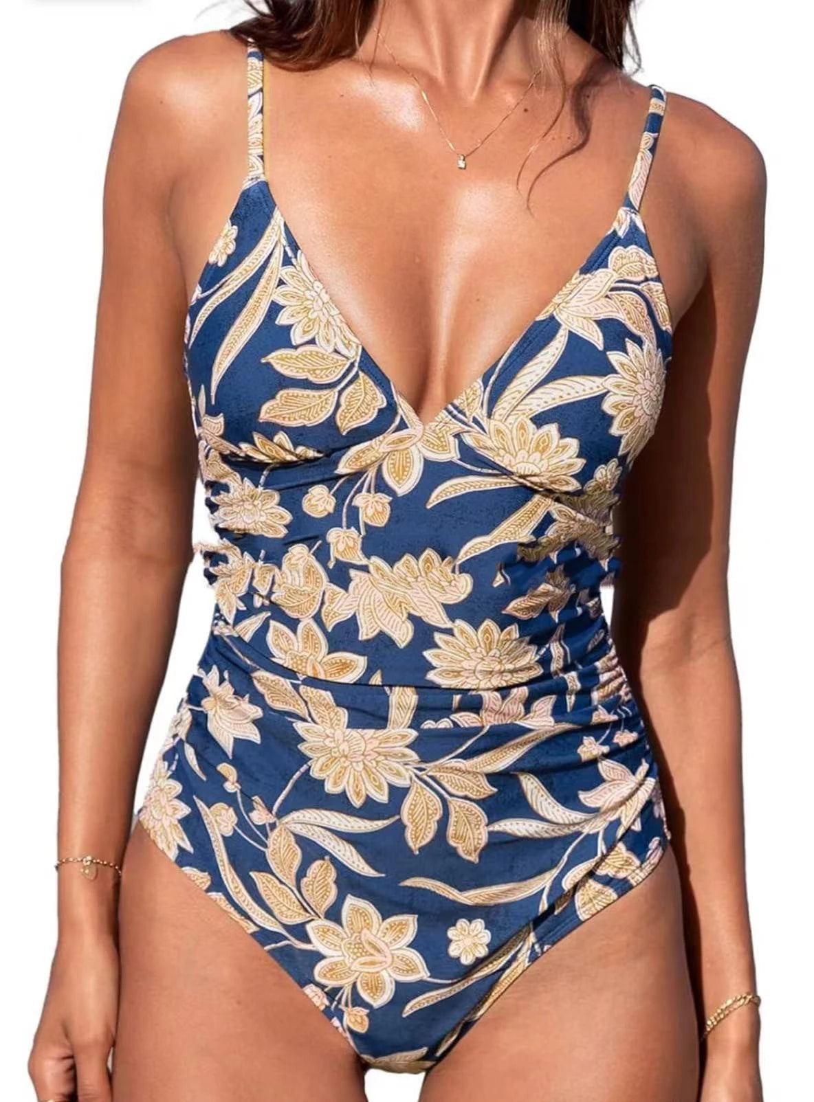 2026 New Women Sexy Pleated V Neck One Piece Swimsuits