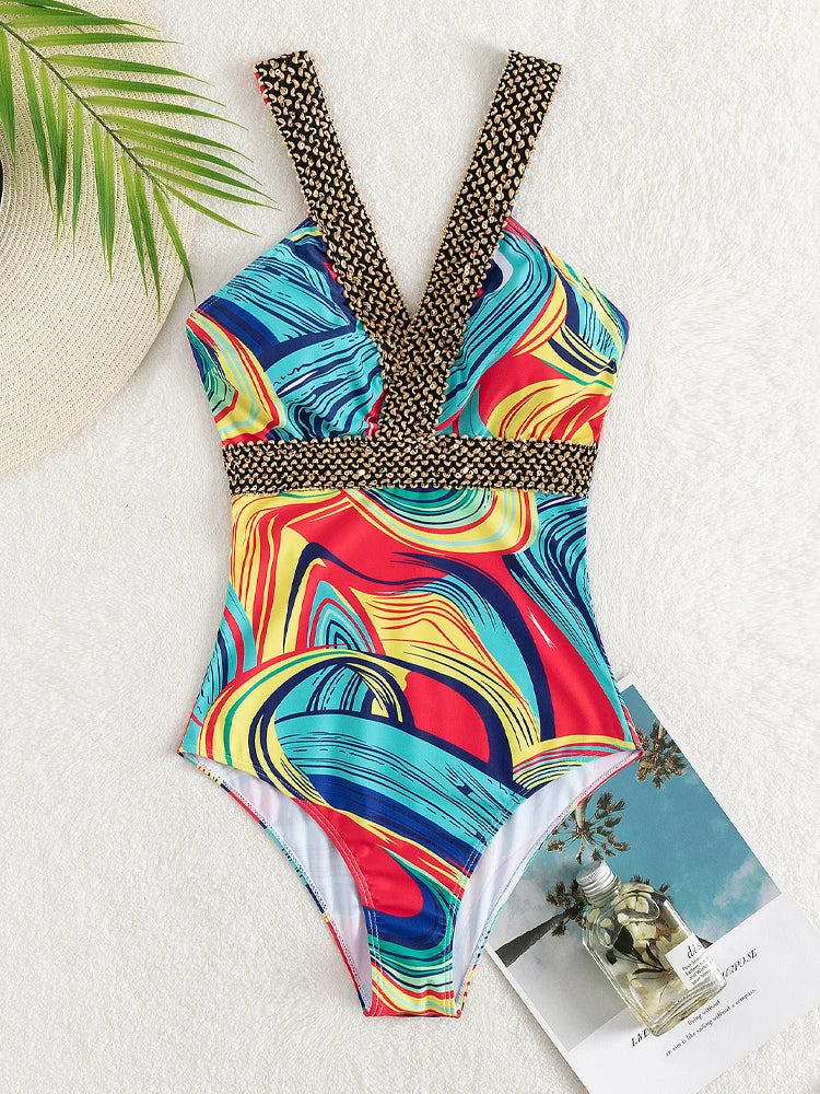 2026 Sexy Print Strapped Swimwear for Women Push UP One Piece