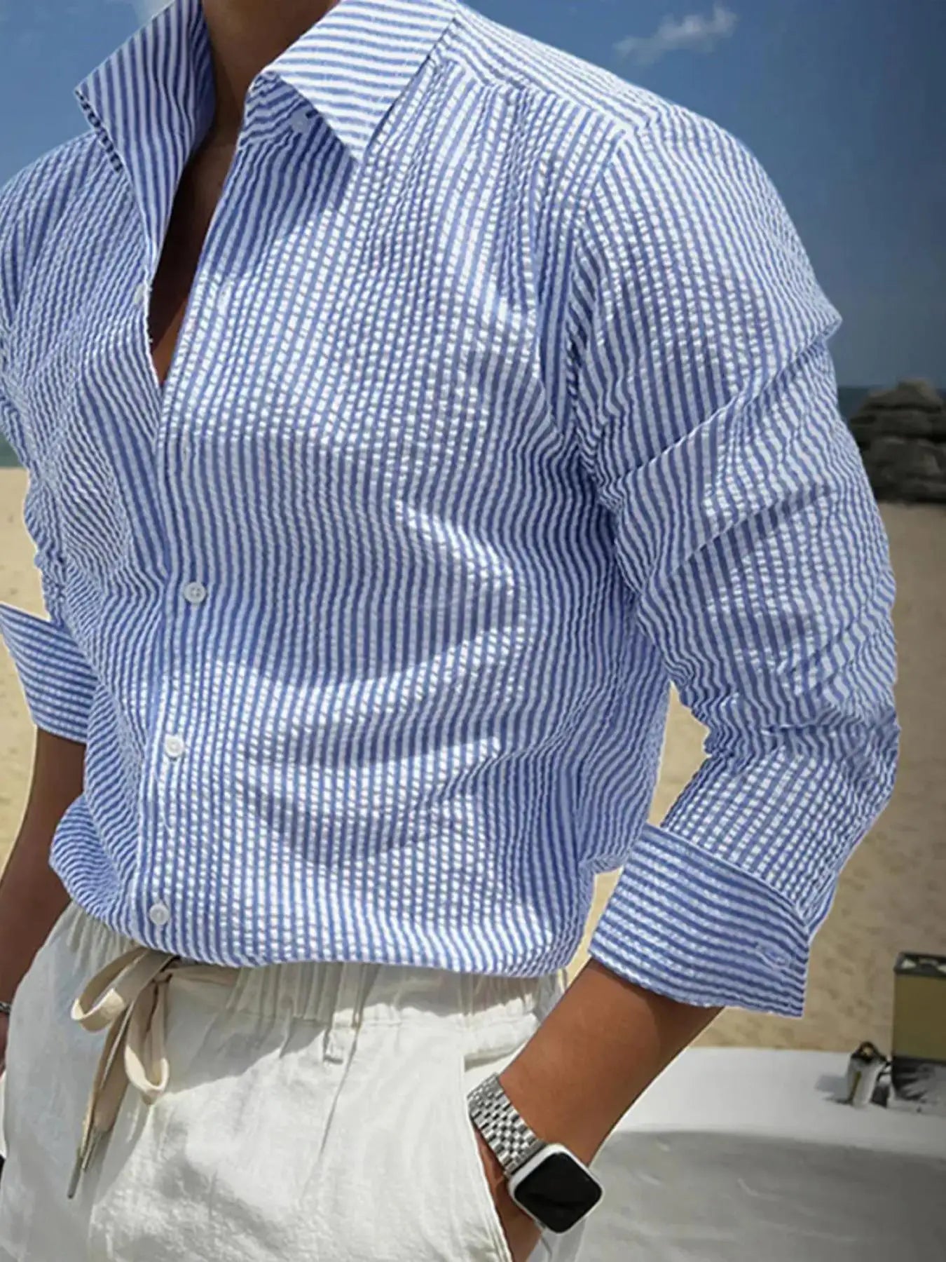 Men's Long Sleeve Striped Shirt with Loose Fit Stylish