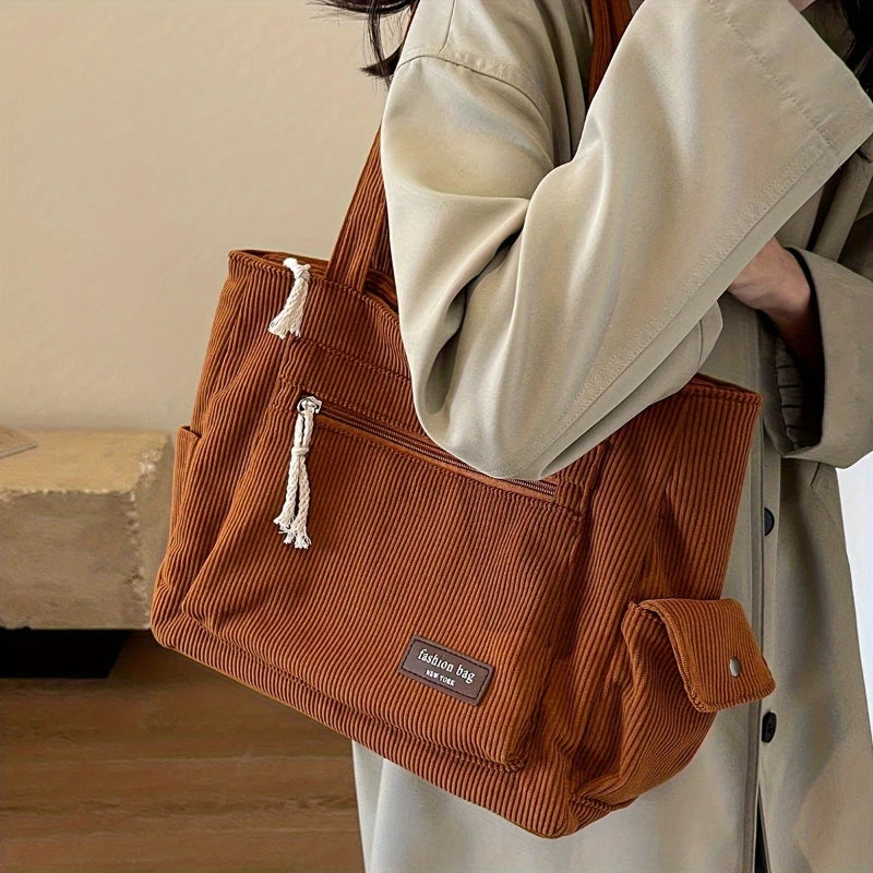 Simple Corduroy Tote Bag, Multi Pockets Handbag For Women