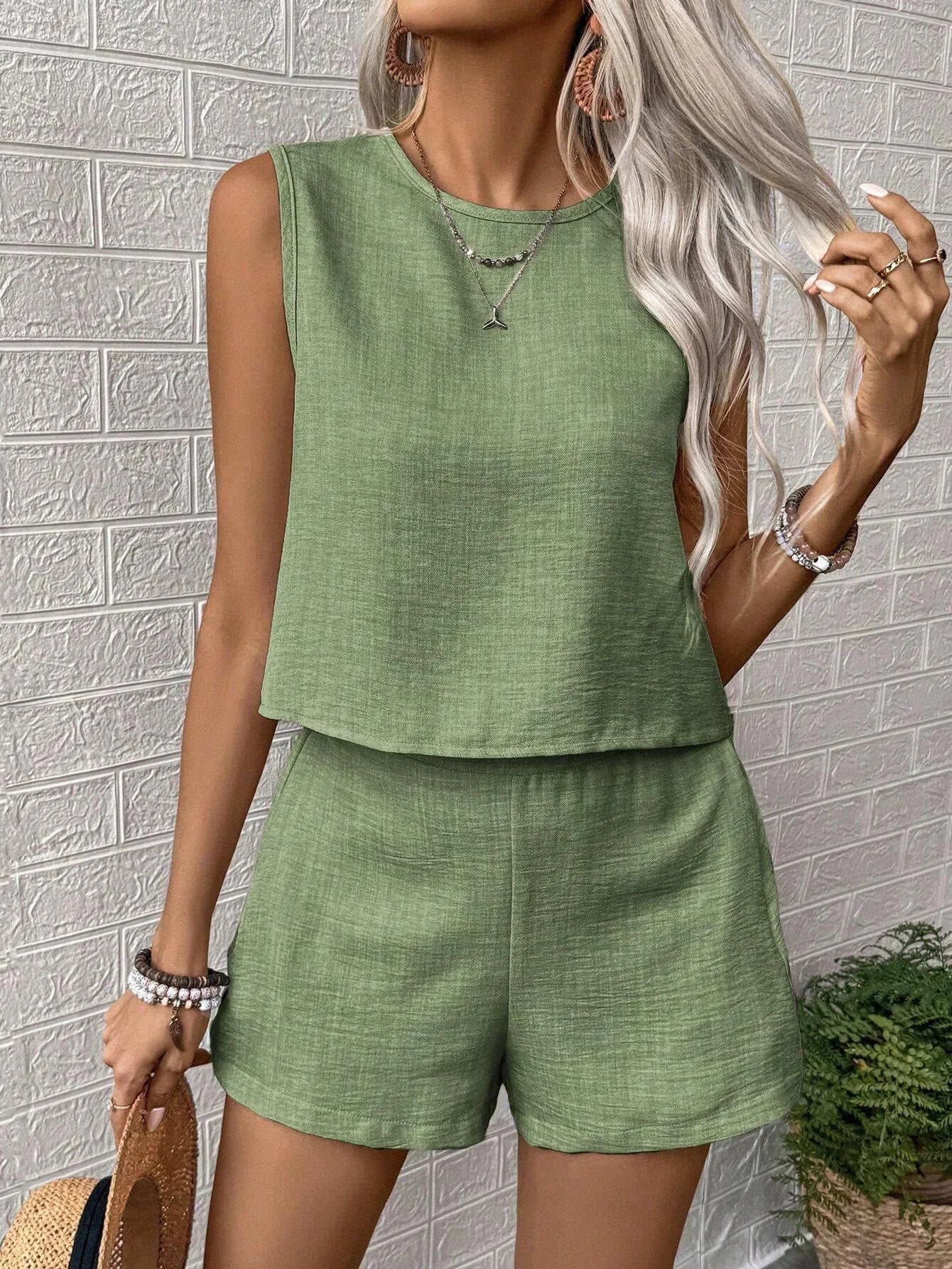 2026 Women's Solid Color Simple Fashion Casual Sleeveless Set