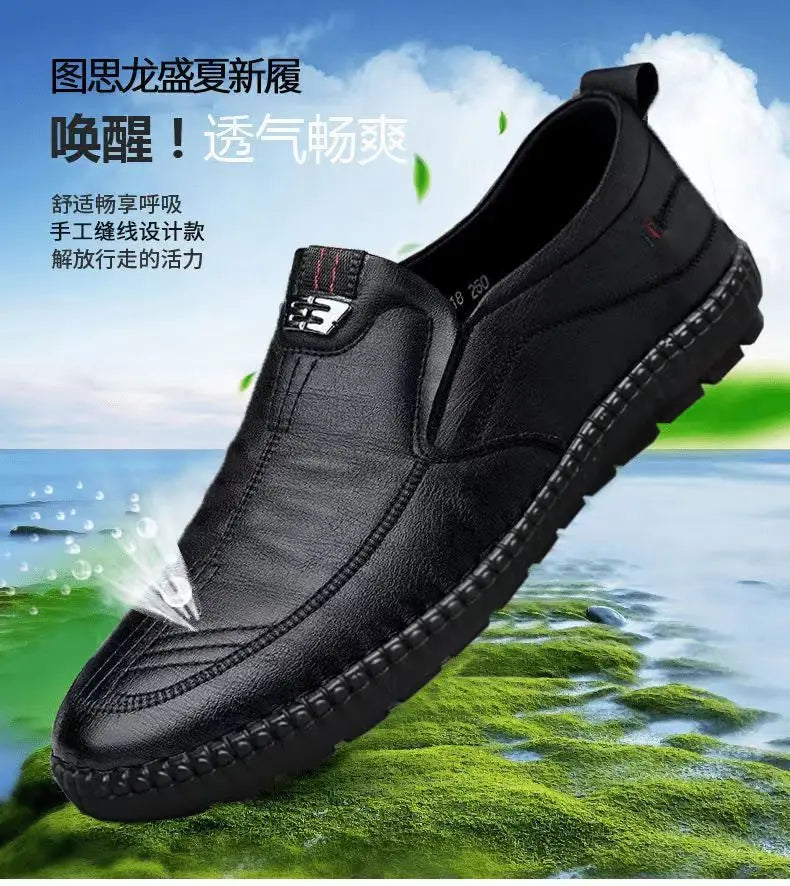 Mens Leather Loafers Non Slippery Breathable Outdoor Slip on Casual Shoes for Male Work Office